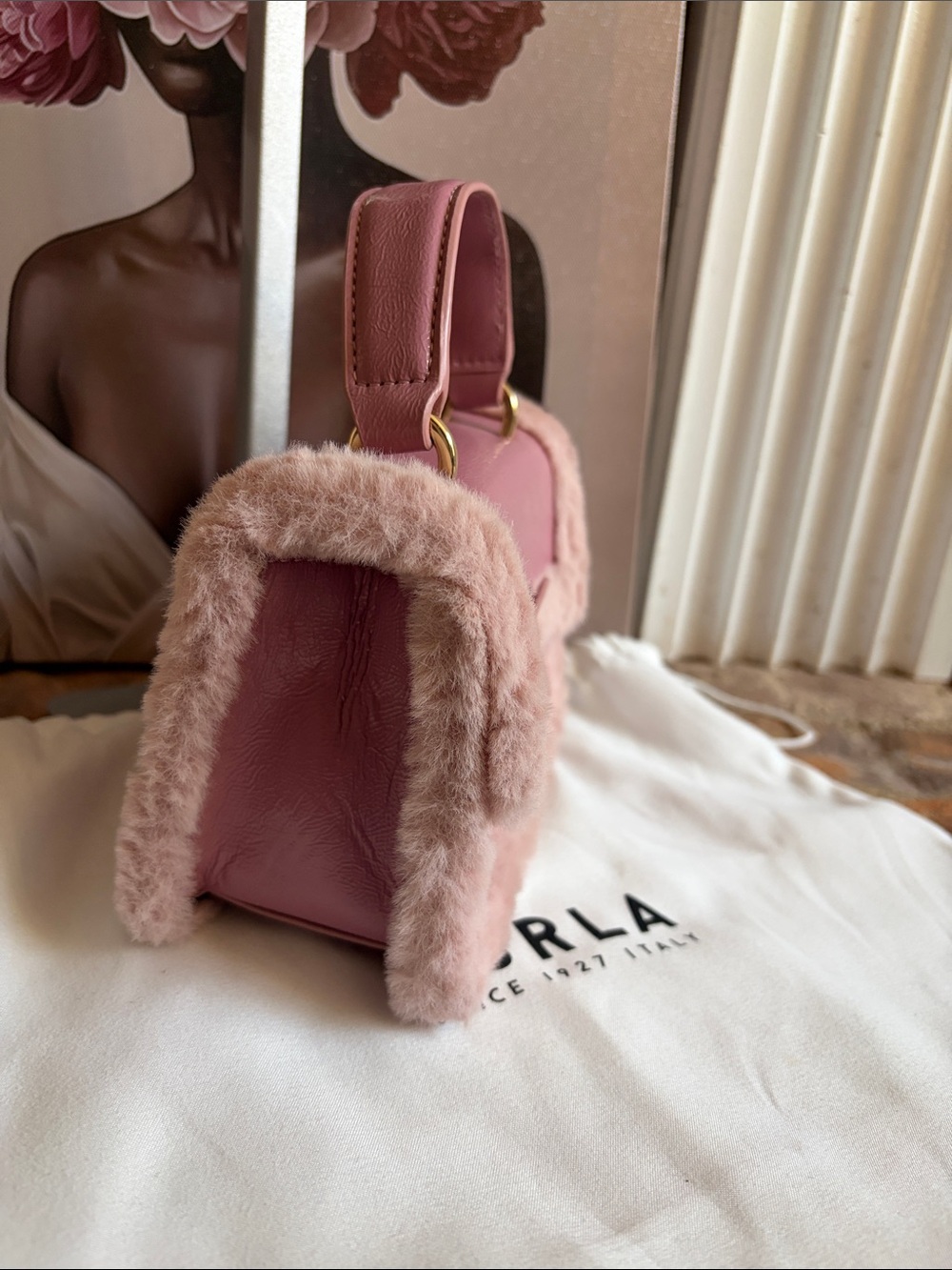 Furla Pink Faux Fur Trim Satchel - Picture 4 of 10